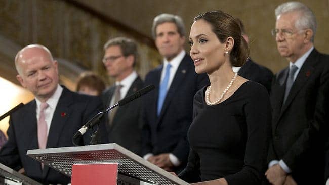 British-Foreign-Secretary-William-Hague-U.S.-Secretary-of-State-John-Kerry-other-G8-leaders-Angelina-Jolie-041113-by, White woman’s burden: Angelina Jolie, the G8 and rape in the DRC, World News & Views 