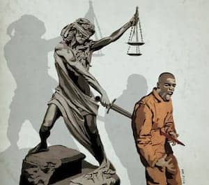 Justice-skewers-Black-man-illustration-by-Mr.-Fish, Bomani Shakur and Staughton Lynd speak to the Re-Examining the Lucasville Uprising Conference, Abolition Now! 