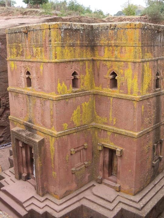 Ethiopia-rose-colored-granite-church-carved-from-mountain-outside-in-connected-to-others-by-tunnels-Lalibela-0613-by, Wanda in Africa, World News & Views 