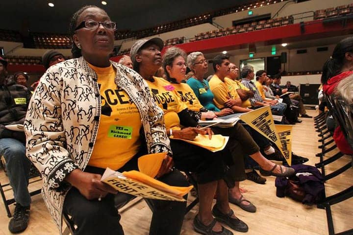 Richmond-CARES-wins-4-3-City-Council-packed-ACCE-yellow-T-shirts-091013, Richmond homeowners beat Wall Street bullies 4-3, Local News & Views 