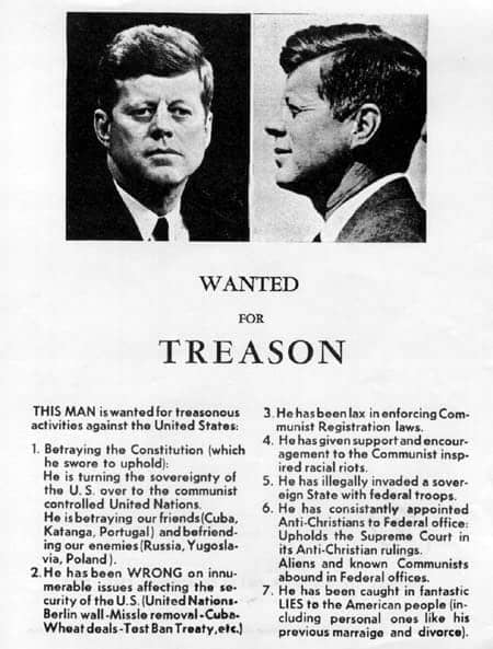 John-Kennedy-Wanted-for-treason-flier-distributed-112163, Kennedy died, but the haters did not win, News & Views 