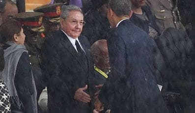 Raul-Castro-Barack-Obama-shake-hands-at-Mandela-memorial-121013-Johannesburg, Nelson Mandela, Cuba and the Terror List, World News & Views 