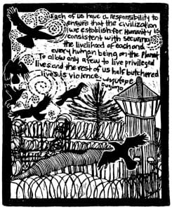 Privileged-vs.-half-butchered-lives-linocut-art-by-Mutope-Duguma-Annie-Banks-web-245x300, Four years since our hunger strikes began, none of our core demands have yet been met: Our protracted struggle must continue, Abolition Now! 