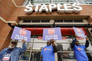 Postal-workers-protest-outside-Staples-300x200, ‘The US Mail is not for sale’: Union victory over Staples and postal privatization, News & Views 
