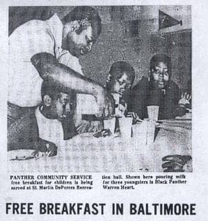 Free-Breakfast-in-Baltimore-newspaper-clipping-of-Panther-Warren-Heart-pouring-milk-for-children, Help Political Prisoner Kamau Sadiki fight Georgia’s plan to amputate his foot, Abolition Now! 