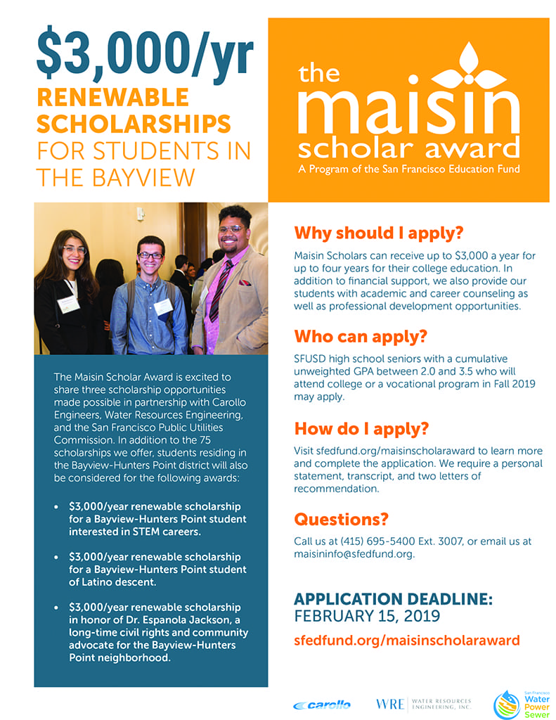 SFPUC-0119, $3,000 per year renewable college scholarships for Bayview Hunters Point students - Apply by Feb. 15, Opportunities 