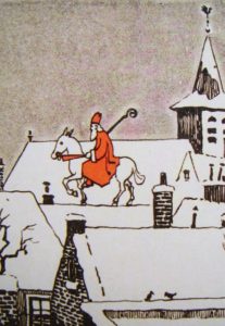 St.-Nicholas-on-horseback-delivers-gifts-on-rooftops-Dutch-children’s-book-art-1930s-207x300, Secret Santa: The hidden history of jolly old St. Nicholas and his ‘elves’, Culture Currents 