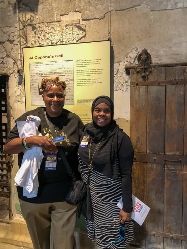 Justice-Votes-2020-Pres-Town-Hall-LSPC-Admin-Dir-Hamdiya-Cooks-Abdullah-rt-AOUON-Riverside-orgr-Erica-Smith-102819-Eastern-State-Pen-Museum, Presidential candidates engage with formerly incarcerated organizers at historic forum on criminal justice issues, Abolition Now! 