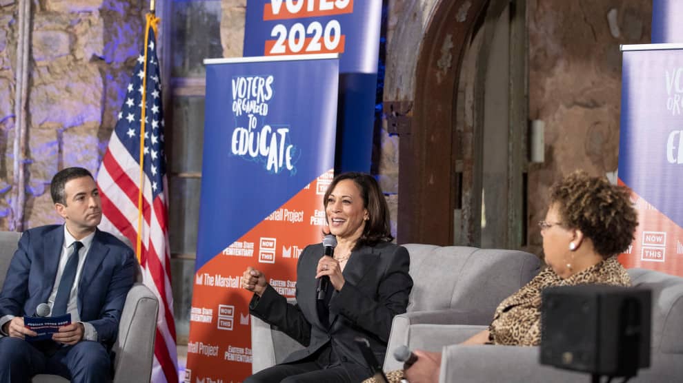 Justice-Votes-2020-Presidential-Town-Hall-Kamala-Harris-interviewed-by-MSNBC-anchor-Ari-Melber-Voters-Organized-to-Educate-advisory-bd-mem-Rev.-Vivian-Nixon-102819-by-Jason-E.-Miczek-AP-VOE, Presidential candidates engage with formerly incarcerated organizers at historic forum on criminal justice issues, Behind Enemy Lines 