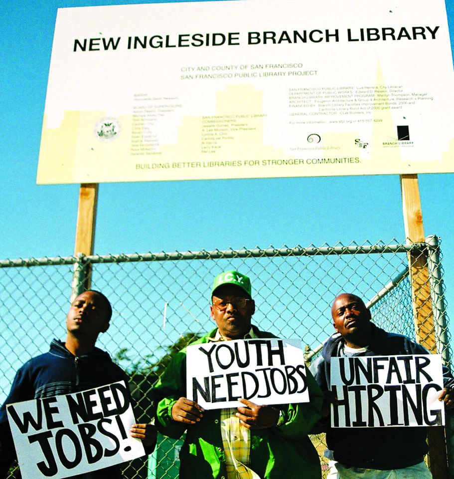 Johntay-Allen-Mike-Brown-Brett-Walker-picket-Ingleside-Library-construction-site-0508-by-Lee-Hubbard-1, Ocean View activists protest lack of work for community youths, Archives 1976-2008 Local News & Views 