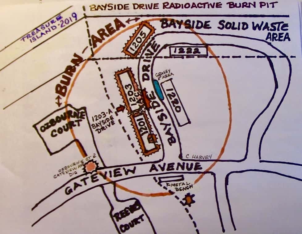 Treasure-Island-conceptual-map-of-Bayside-Drive-radioactive-burn-pit-by-Carol-Harvey-2, Navy removes an estimated 163+ new radiation deposits from two toxic dumps and dangerously radioactive soil from under occupied Treasure Island home, Local News & Views 