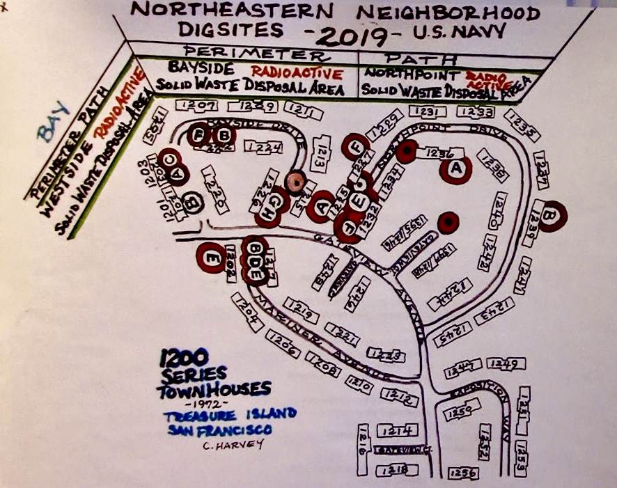 Treasure-Island-conceptual-map-of-northeastern-neighborhood-Site-12-chemical-dig-sites-in-2019-by-Carol-Harvey, Navy removes an estimated 163+ new radiation deposits from two toxic dumps and dangerously radioactive soil from under occupied Treasure Island home, Local News & Views 