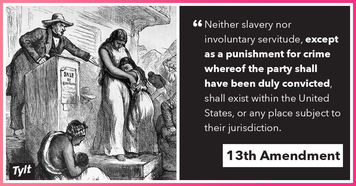 13th-Amendment-highlighting-slavery-clause-w-old-slave-auction-drawing-graphic, How did the slavery clause get into the 13th Amendment?, Behind Enemy Lines 