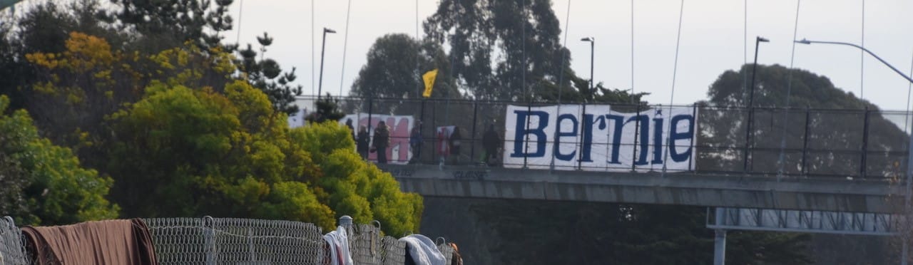 Bernie-banner-drop-at-end-of-Cali-Progressive-Alliance-meeting-near-UC-Berkeley-011120, Voices of the California Progressive Alliance, Local News & Views 