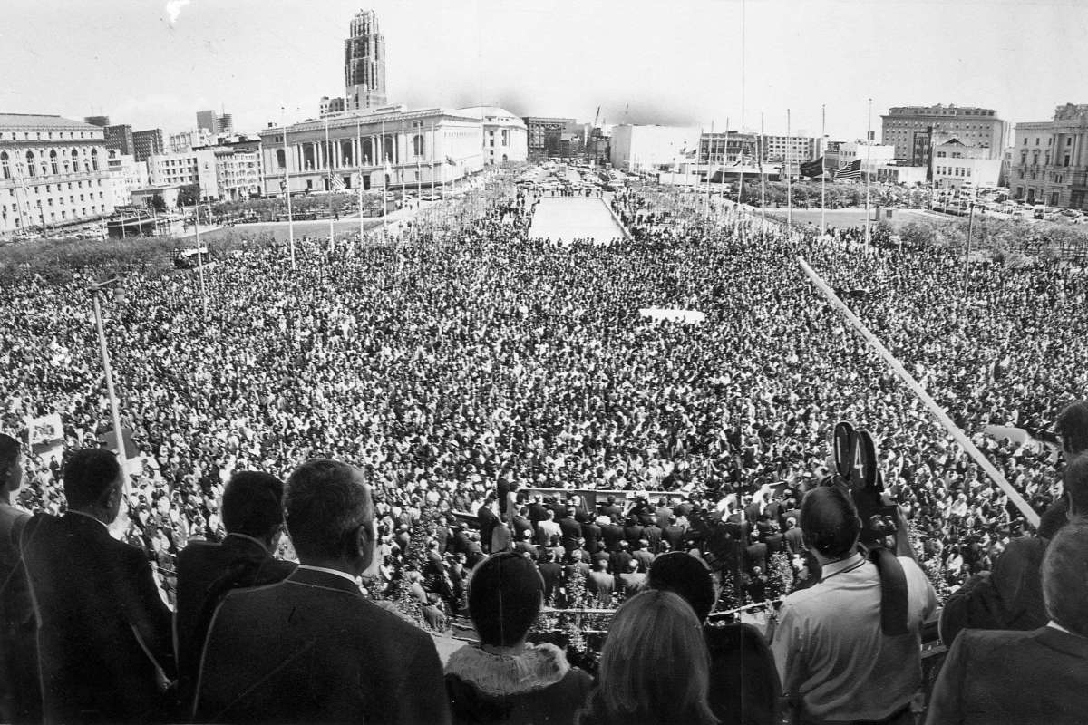 Memorial-to-Martin-Luther-King-huge-crowd-Civic-Center-day-after-assassination-040568-by-Joe-Rosenthal-SF-Chron, Give Dr. King the birthday present he wants: VOTE in Cali’s March 3 primary, Culture Currents Featured 