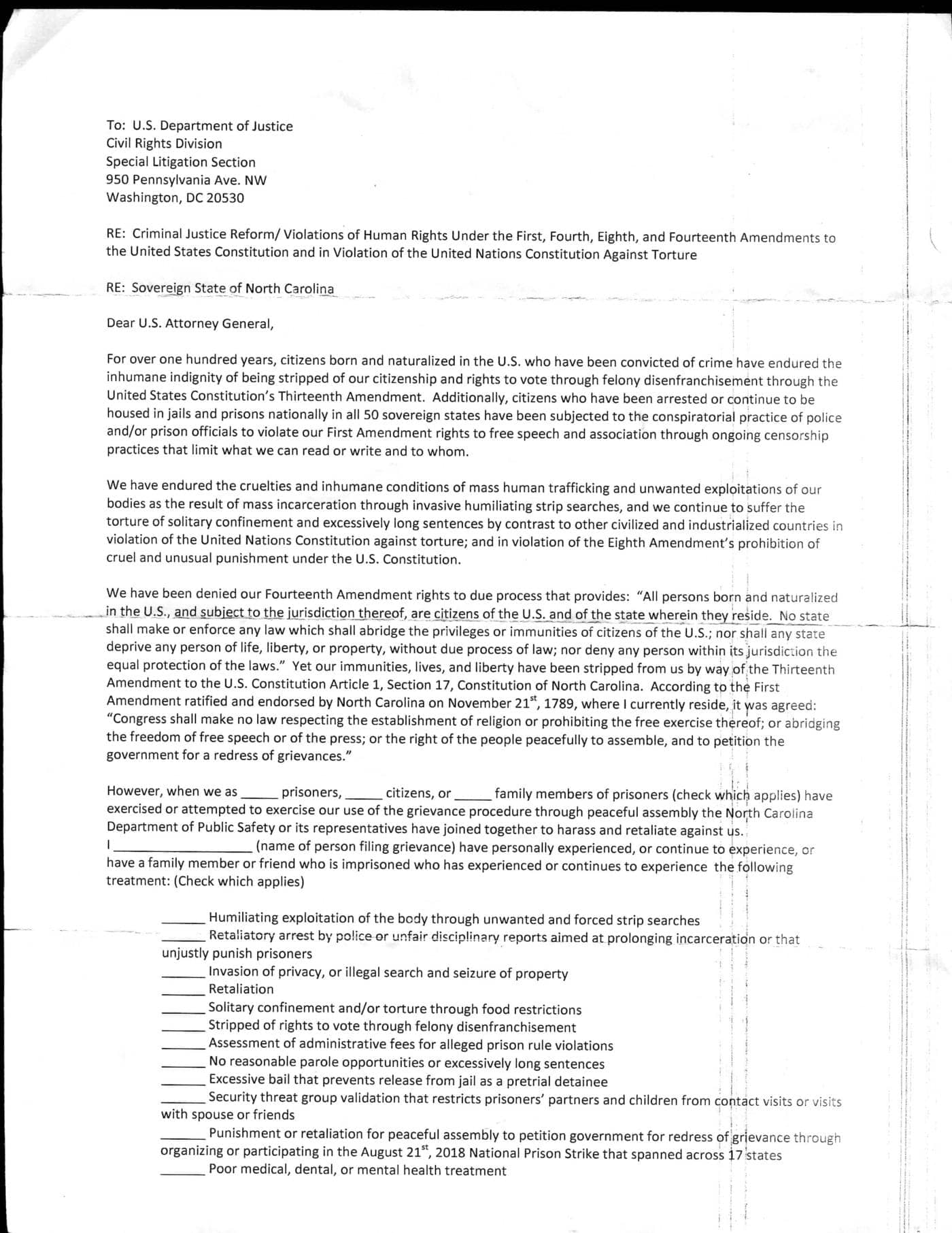 Grievance-to-US-DOJ-Civil-Rights-Division-by-North-Carolina-prisoners-led-by-Joseph-Shinewhite-Stewart-0220-1-1400x1812, North Carolina prisoners plan grievance submission to US DOJ on May 7, invite others to join them, Abolition Now! 