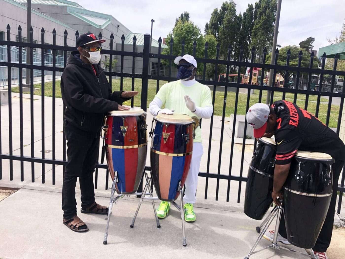 Beds-4-Bayview-Hunters-Point-natives-Tony-Mayfield-Jerome-Collins-Fred-play-conga-drums-for-MLK-Park-residents-almost-every-day-1400x1050, Community seizes MLK Park as immediate COVID relief for unhoused neighbors, Local News & Views 