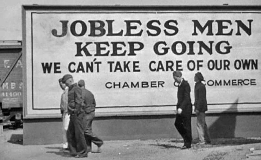 Jobless-men-keep-going-we-cant-take-care-of-our-own-Chamber-of-Commerce-billboard-scrawny-dejected-men-passing-by-Great-Depression, Learning from the Great Depression, News & Views 
