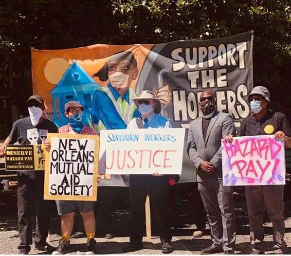 New-Orleans-hoppers’-supporters-Bill-Quigley-ctr-Rev.-Gregory-Manning-Malcolm-Suber-other-organizers-on-picket-line-0520-2, New Orleans sanitation ‘hoppers’ form union, strike for hazard pay, PPE, benefits, News & Views 