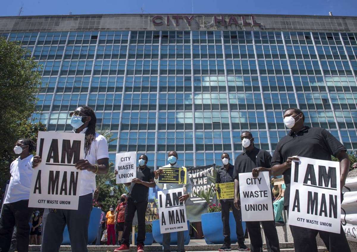 Striking-sanitation-‘hoppers’-protest-for-hazard-pay-living-wages-benefits-outside-New-Orleans-City-Hall-051820-by-Chris-Granger-NO-Times-Picayune, New Orleans sanitation ‘hoppers’ form union, strike for hazard pay, PPE, benefits, News & Views 