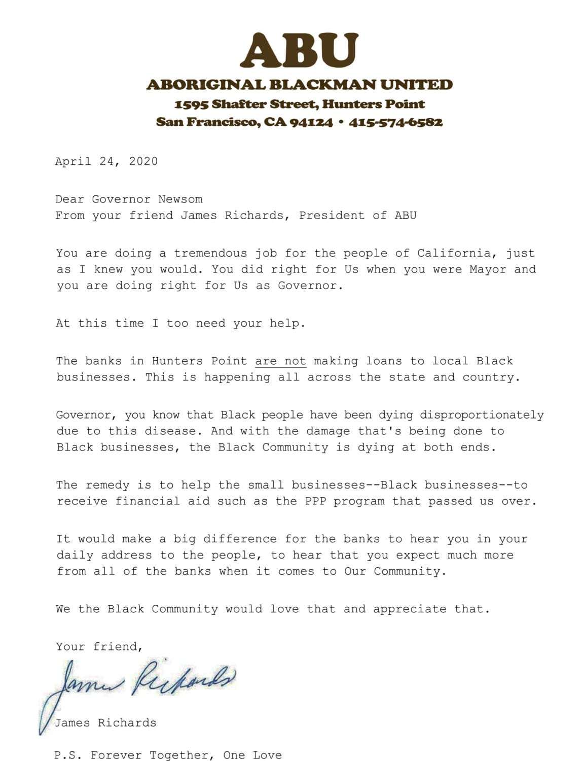 ABU-James-Richards-ltr-to-Gov.-Newsom-on-loan-justice-042420, Why bother? A question by Black small businesses during the COVID-19 crisis, Local News & Views 