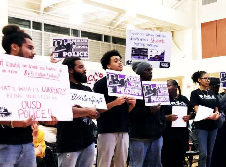 Black-Organizing-Project-members-protest-at-0320-Oakland-School-Board-meeting-by-BOP, The long arc of resistance to police in Oakland schools, Local News & Views 