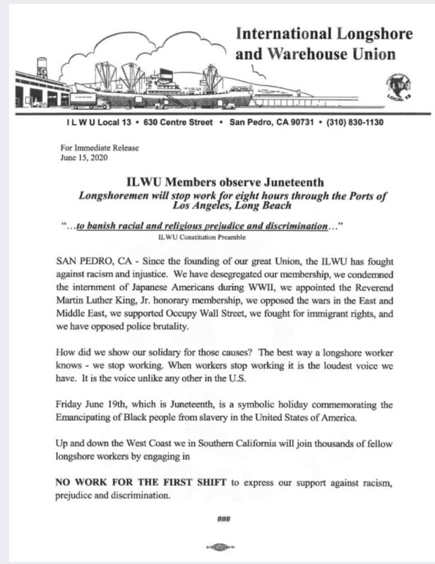 ILWU-press-release-announcing-Juneteenth-Port-Shutdown-061520, The heritage of our fathers, Local News & Views 