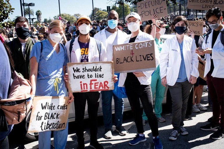 UCSF’s-White-Coats-for-Black-Lives-march-w-10000-from-Mission-District-0620-by-Barbara-Ries, Frontline healthcare workers urge mass reduction in state prison population to curb coronavirus, Local News & Views 