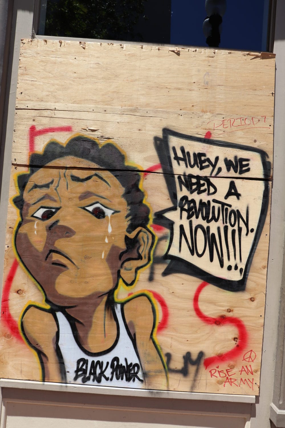 Huey-we-need-a-revolution-now’-mural-on-boarded-up-window-Oakland-0720-by-JR-1, The July expiration of the COVID-19 eviction ban and unemployment bonus leads to calls for a General Strike, Local News & Views 