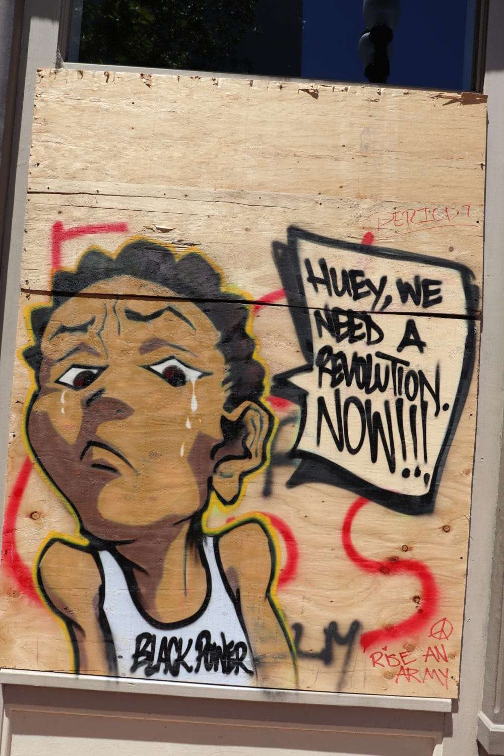 ‘Huey-we-need-a-revolution-now’-mural-on-boarded-up-window-Oakland-0720-by-JR-1, The July expiration of the COVID-19 eviction ban and unemployment bonus leads to calls for a General Strike, Local News & Views 