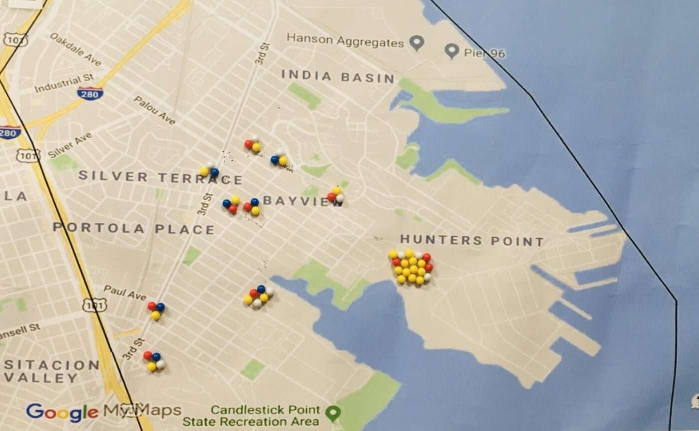 HP-Biomonitoring-pin-map-yeluranium-grecesium-blugadolinium-blathallium-redrubidium-whistrontium-0820-1400x863, Hunters Point demands a voice on shipyard cleanup: Reinstate the RAB now!, Local News & Views 