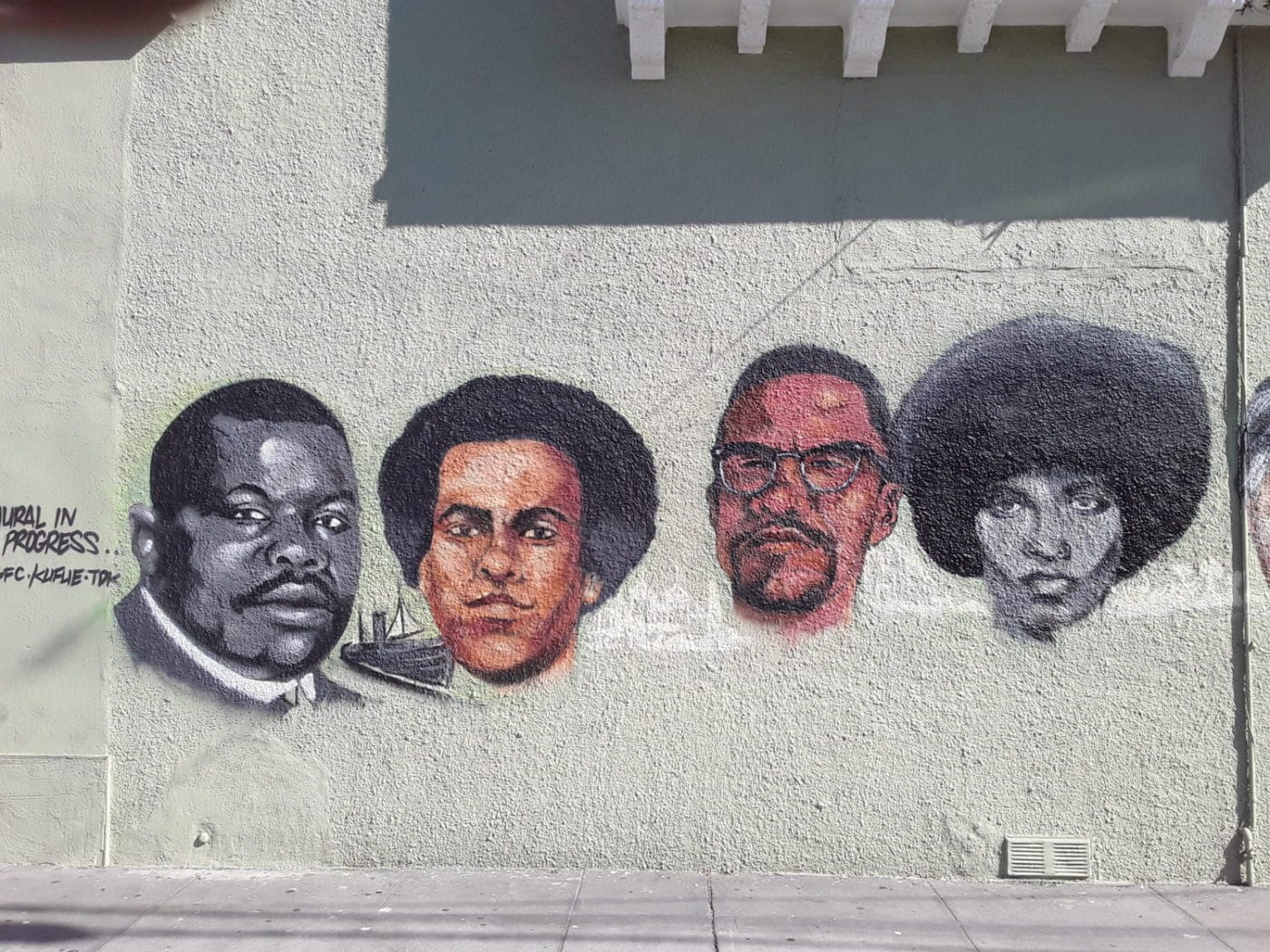 Kufu-mural-87th-International-Oakland-Marcus-Garvey-Huey-P.-Newton-Malcolm-X-Angela-Davis-0720-1400x1050, Black muralist Kufu attacks the walls of East Oakland to show us our fighting heart and soul, Culture Currents 