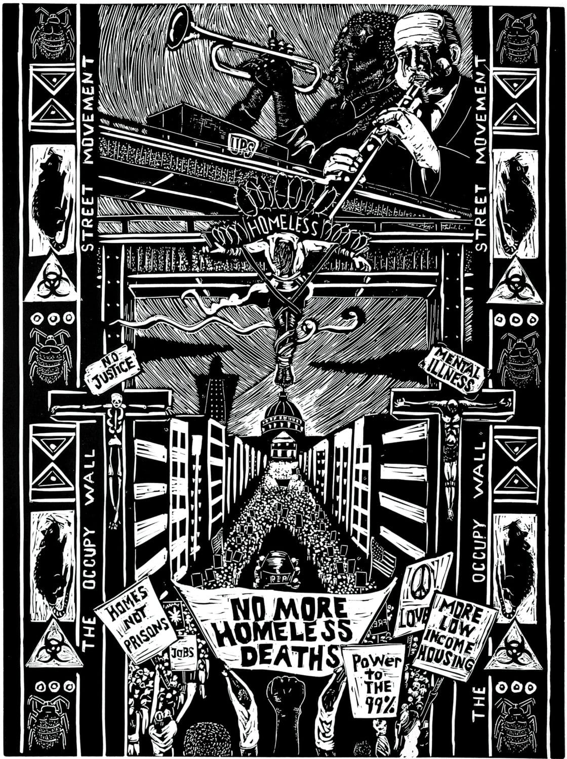 The-Occupy-Homeless-Movement-linocut-print-2011-24-x-18-by-Ronnie-Goodman, Ronnie Goodman, artist with ‘a visual voice’ on homelessness, 1960-2020, Culture Currents 