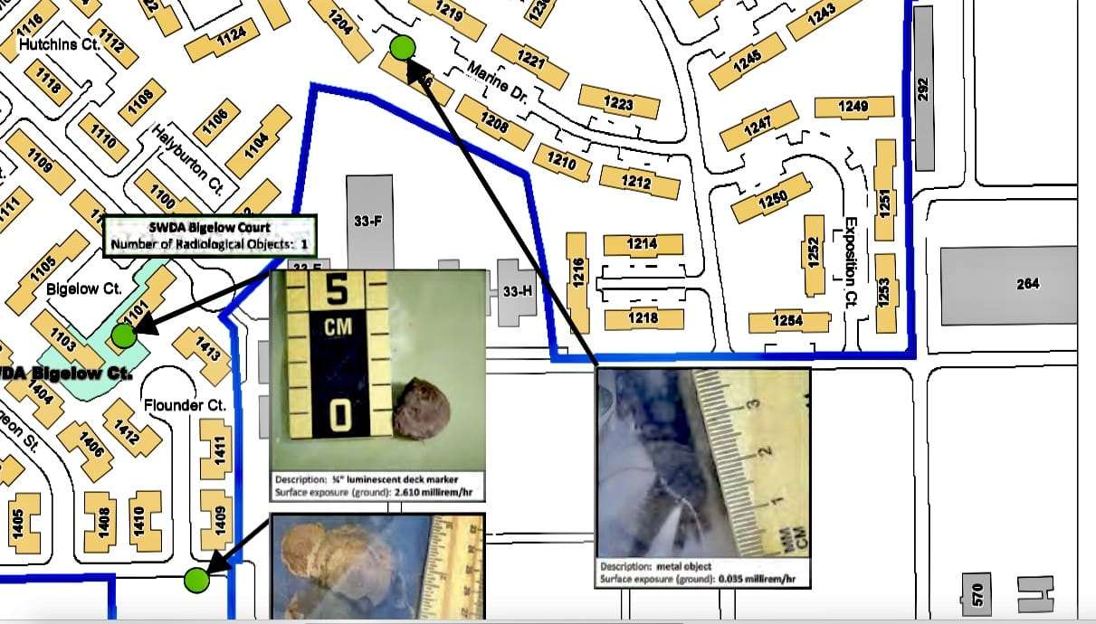 Treasure-Island-Navy-map-w-closeups-of-radiological-objects-extracted-inc-from-1206D-Mariner-Dr, Former Treasure Island resident announces hospitalization for coronavirus, implicating radioactive island dust, Local News & Views 