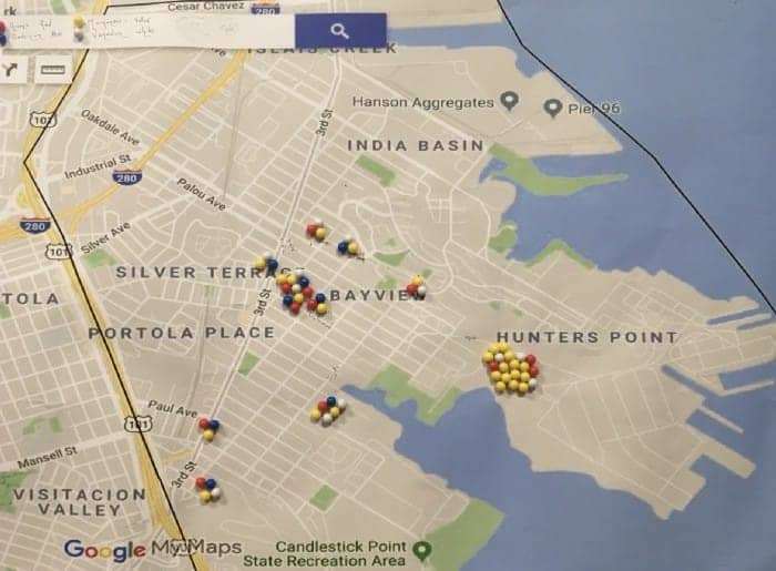 HP-Biomonitoring-geospacial-pin-map-arsenicred-gadoliniumblue-manganeseyellow-vanadiumwhite-1020, Navigating the toxic triangle in Bayview Hunters Point, Local News & Views 