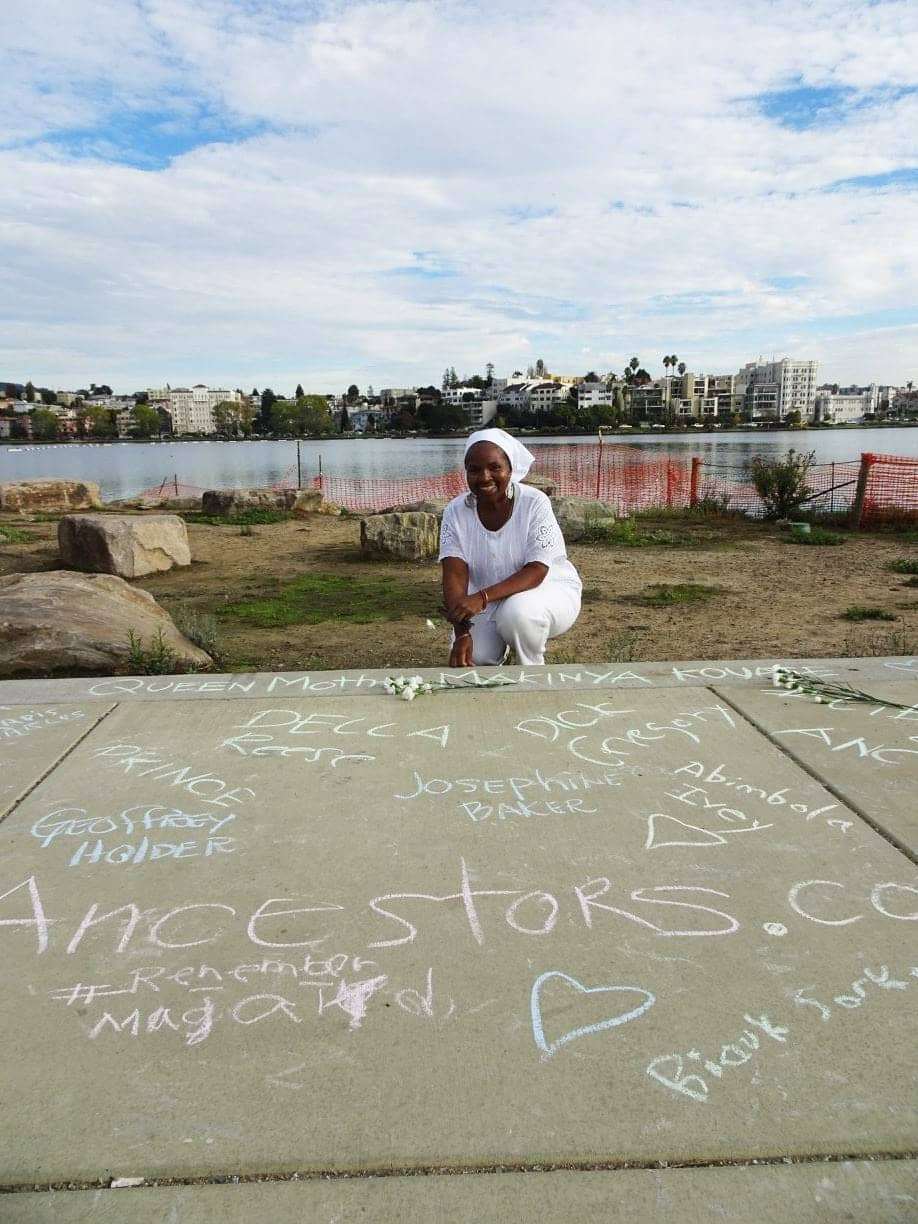 Tweet-for-the-Ancestors-Wanda-w-dozens-of-names-chalked-on-sidewalk-Lake-Merritt-112217-by-Wanda, Wanda’s Picks for November 2020, Culture Currents 