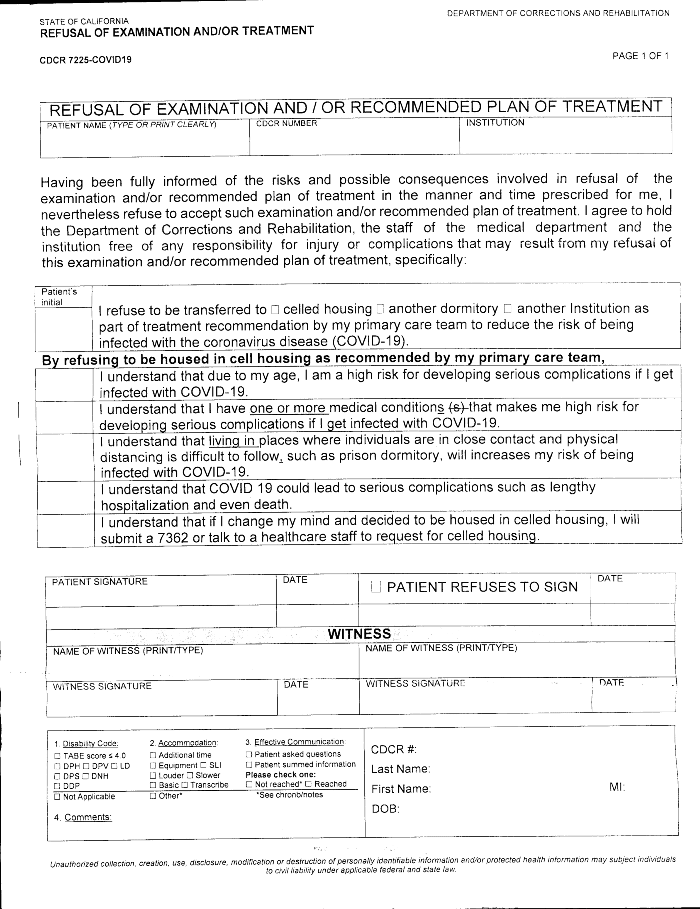 CDCR-7226-COVID19-waiver-requiring-prisoners-to-accept-liability-for-their-own-deaths-1220-1400x1818, San Quentin prison staff forcing prisoners to accept liability for their own deaths from COVID-19, Behind Enemy Lines 