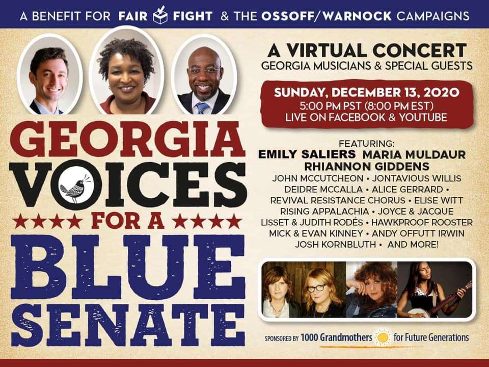 ‘Georgia-Voices-for-a-Blue-Senate-a-virtual-Georgia-Roots-concert-1000-Grandmothers-event-121320-poster, Wanda’s Picks for December 2020, Culture Currents 