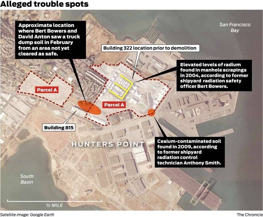 Alleged-trouble-spots-showing-Tetra-Techs-eco-fraud-reported-by-atty-David-Antons-whistleblowers-map-by-Google-Earth-SF-Chron, Renewed call for shipyard excavation moratorium – the legal legacy of harm to the Hunters Point community, Local News & Views 