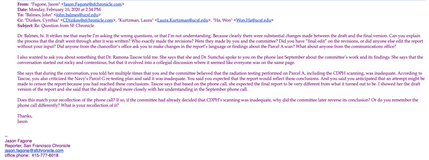 Chrons-Jason-Fagones-email-to-John-Balmes-MD-on-UC-scientists-review-of-Parcel-A-testing-for-Mayor-London-Breed-021020-1400x523, Renewed call for shipyard excavation moratorium – the legal legacy of harm to the Hunters Point community, Local News & Views 