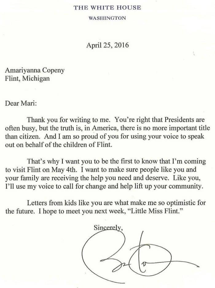 Letter-from-Barack-Obama-to-Amariyanna-Copeny-Little-Miss-Flint-Flint-Water-Crisis-042516, The amazing parallels between Flint, Mich., and Bayview Hunters Point, World News & Views 