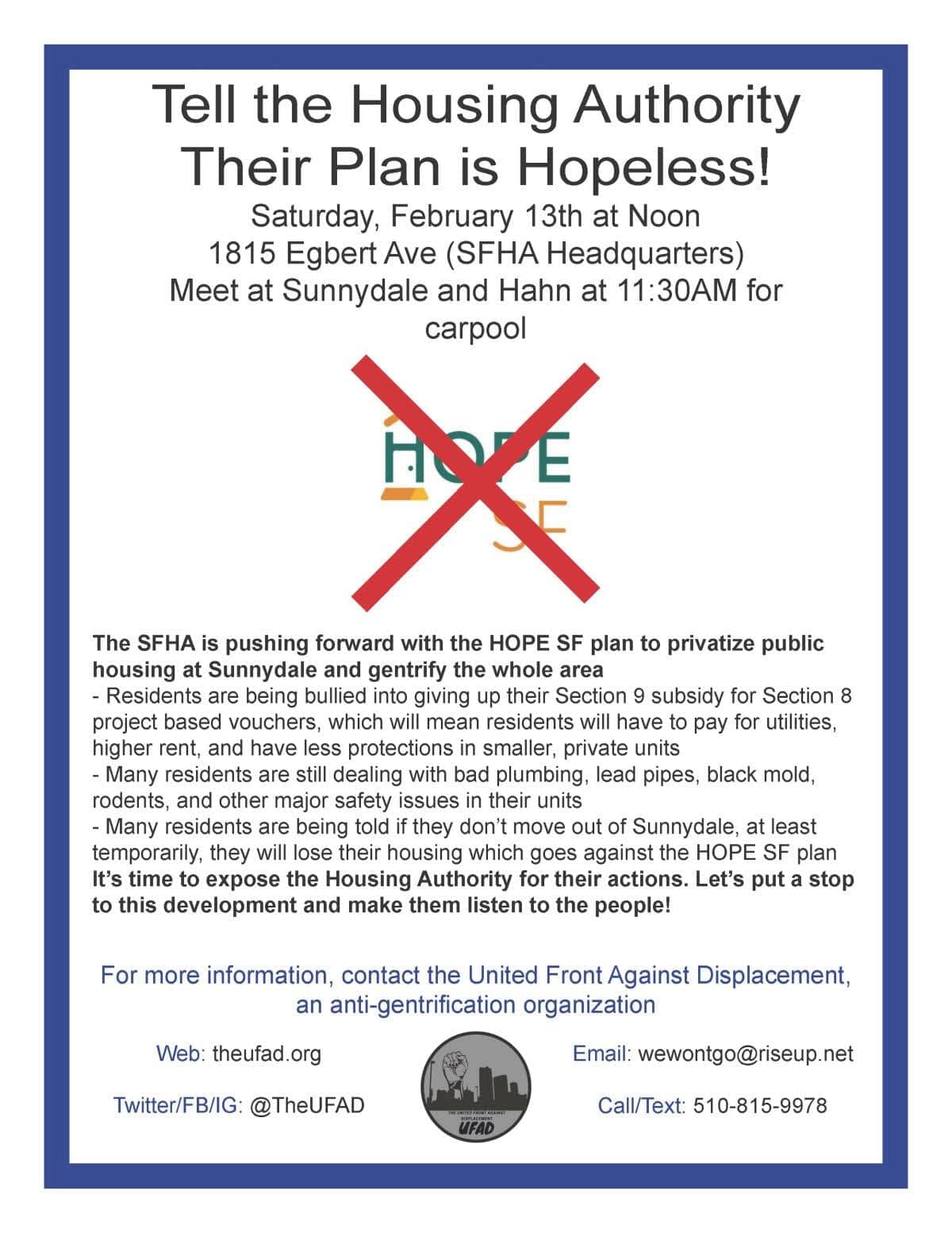 Tell-the-Housing-Authority-Their-Plan-Is-Hopeless-rally-flier-for-Sunnydale-021321, Sunnydale residents organize protest against SF Housing Authority for Saturday, Feb. 13, 2021, Local News & Views 
