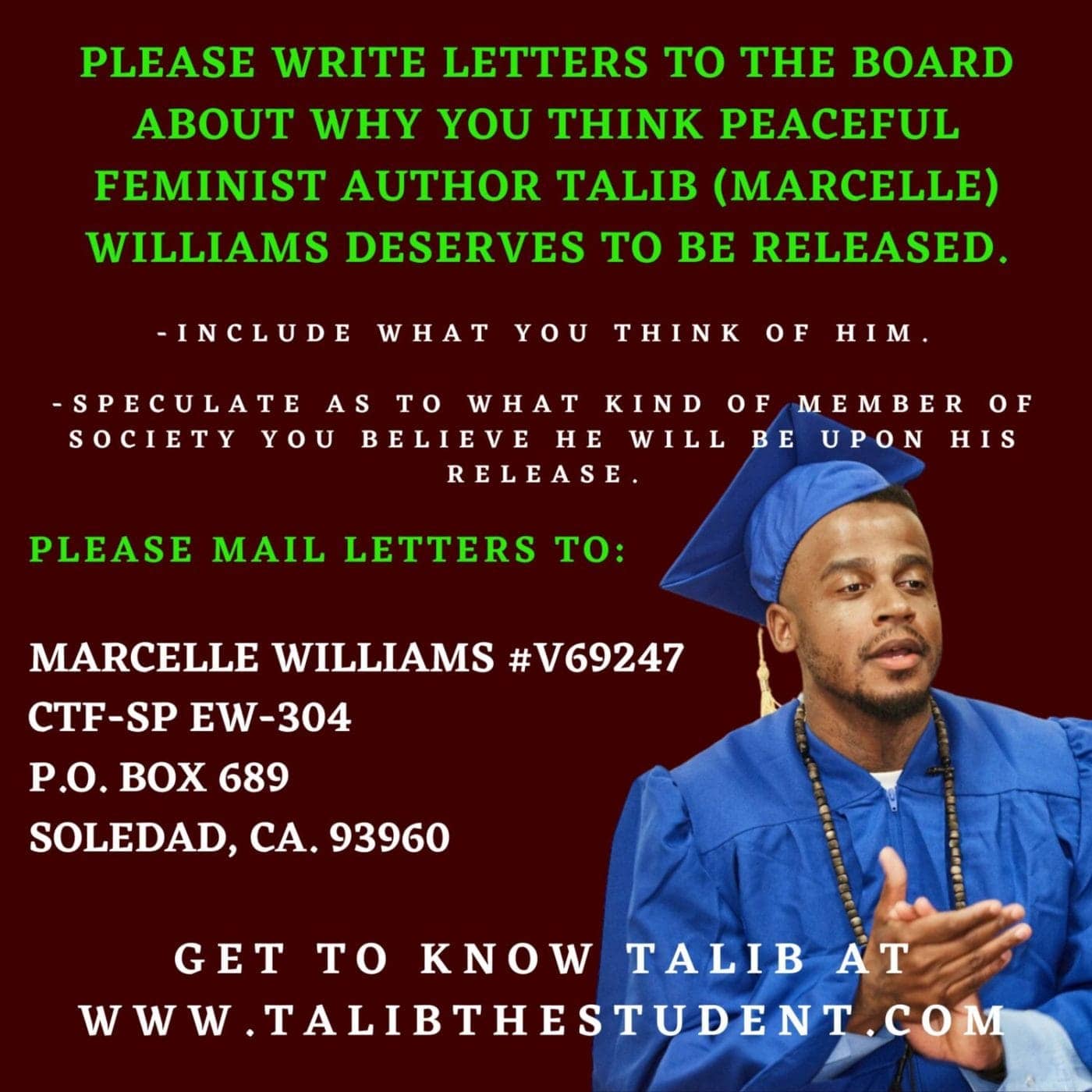Support-Talib-Williams-with-parole-board-letters-poster-0221-1400x1400, 2020 Soledad raid on Black prisoners hits the courtroom, Behind Enemy Lines 