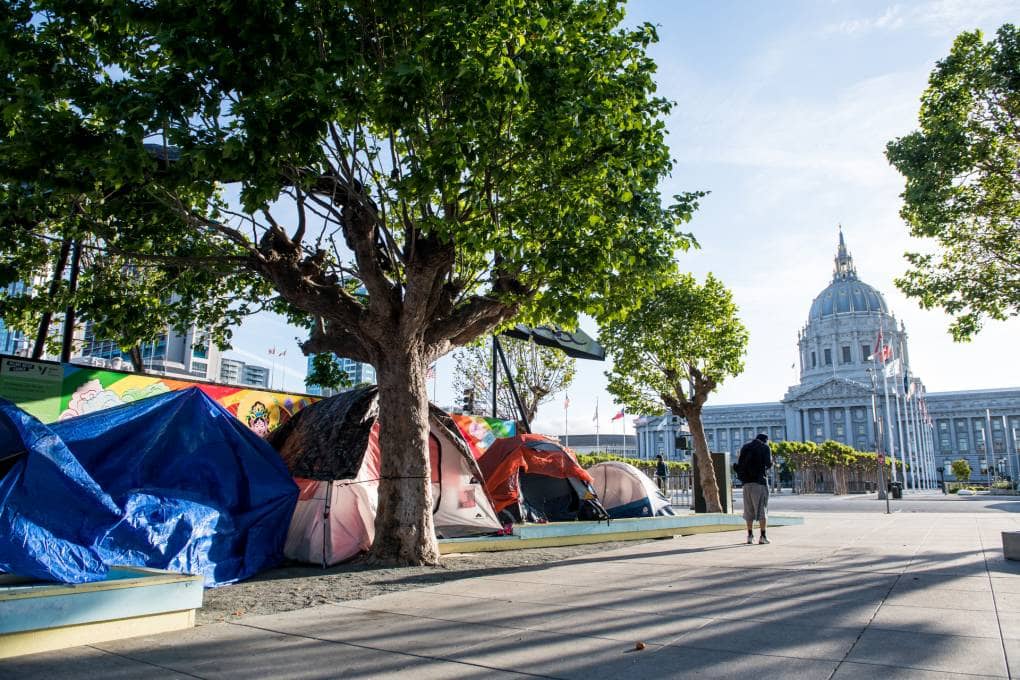 Homeless-tents-City-Hall-San-Francisco-050520-by-Beth-LaBerge-KQED, Prop C funds released! San Francisco takes first step to move dial on homelessness, Local News & Views 