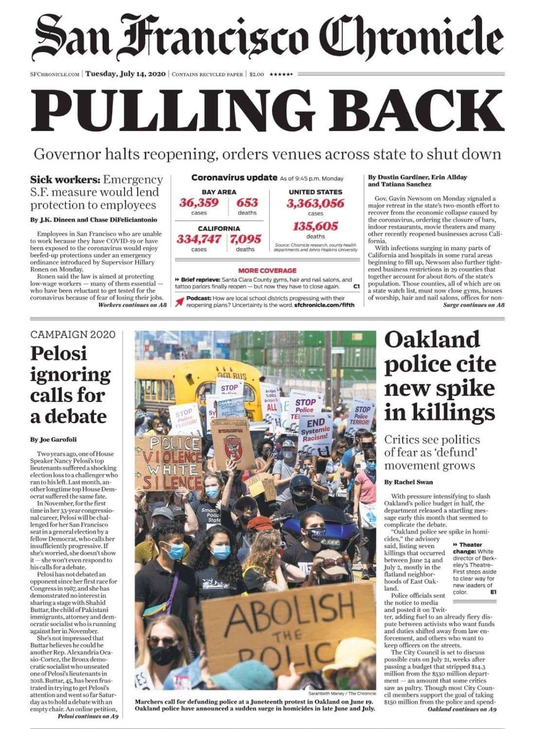 SF-Chronicle-front-page-Pelosi-ignoring-calls-for-a-debate-071420, White supremacy in San Francisco, Local News & Views 