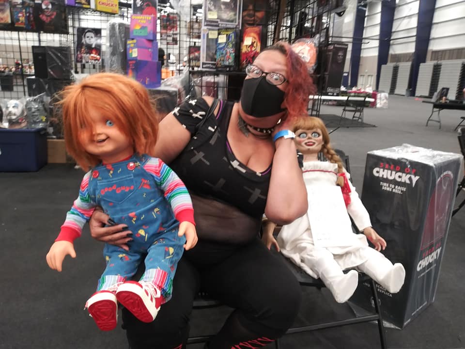 Sumiko-with-Chucky-and-Annabelle-at-Sinister-Creature-Con, Writing While Black: Fall 2021, Culture Currents 
