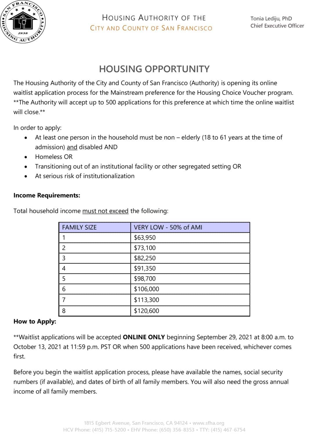 SFHA-0921-1, San Francisco Housing Authority is opening its waitlist application process on 9/29 for Housing Choice Vouchers - 500 available, Affordable Housing 