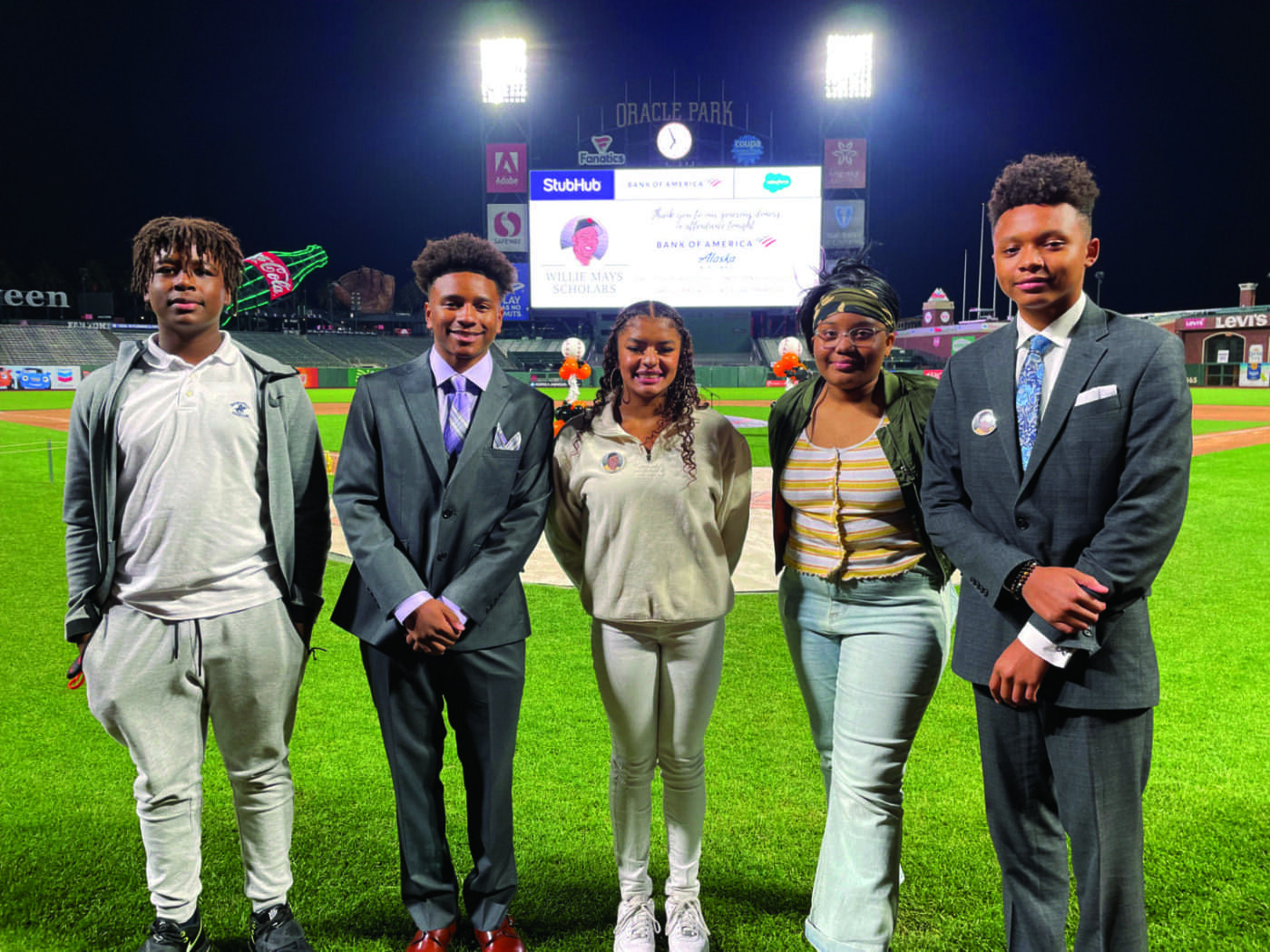 First-Annual-Willie-Mays-Scholarship-recipients-Ryan-Coleman-Jermain-Fulgham-Jazmine-Keel-Arianna-Cade-Tigotae-Brakey-at-Oracle-Park-San-Francisco-by-Daphne-Young-111721-1400x1050, Eye on Education, Culture Currents 