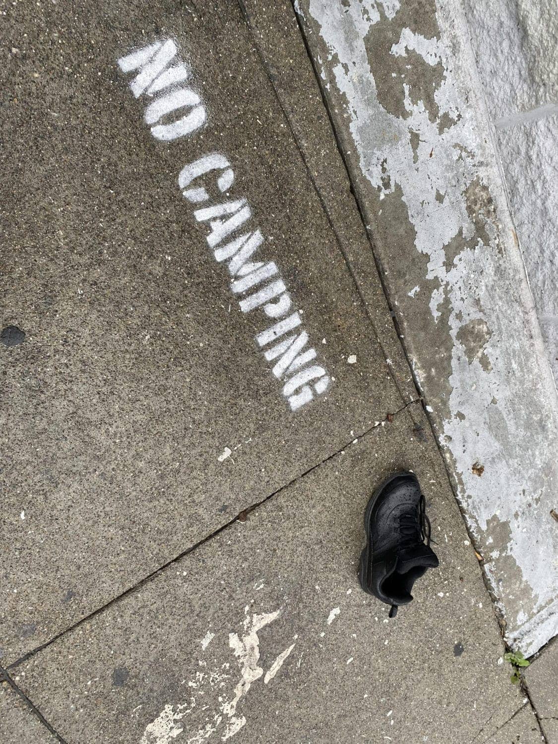 One-empty-shoe-next-to-No-Camping-stenciled-on-sidewalk-by-PNN, A State of Emergency … for people sleeping outside, Local News & Views 