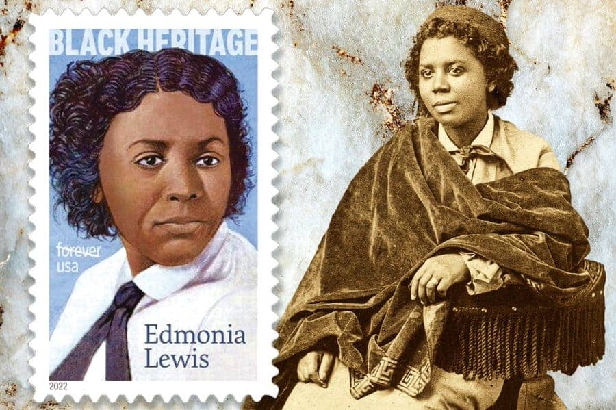 Edmonia-Lewis-stamp-and-photo, Wanda’s Picks March 2022: Wombfulness, Edmonia Lewis and Cleopatra, Culture Currents 